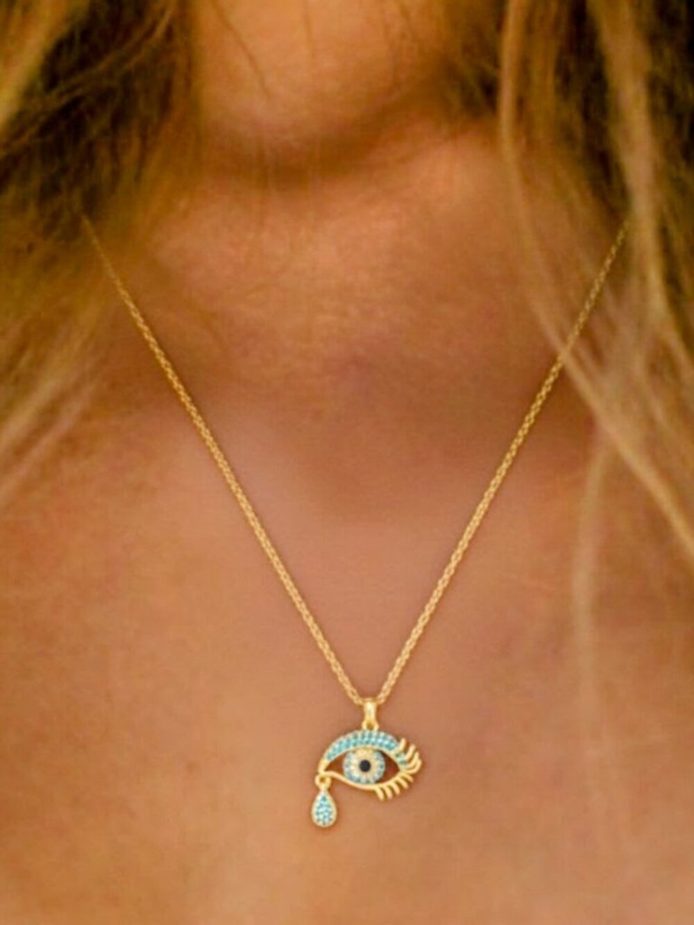 18K Gold Plated Eye Necklace with Blue Cubic Zirconia Crystals Trendy Jewelry